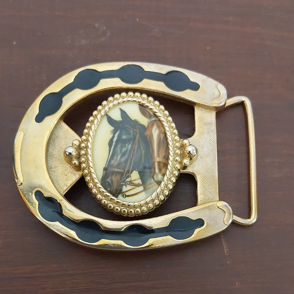 Gold and Black Horseshoe Western Belt Buckle Cowboy